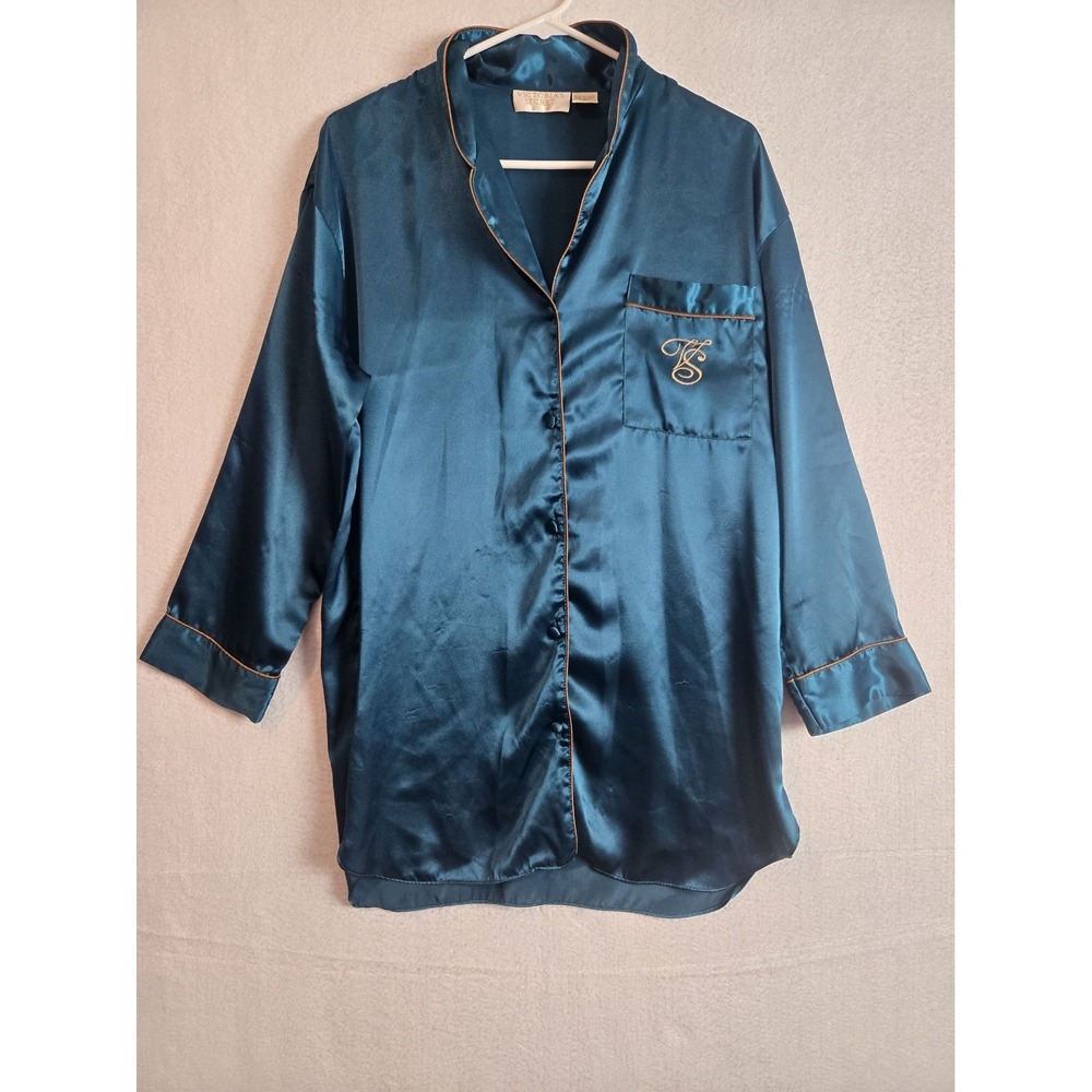 Victorias‎ Secret Pajama Top Small Teal Satin Button Up Embroidered Monogram